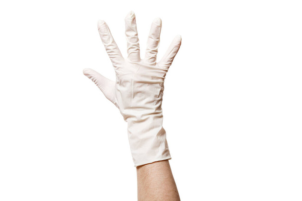 hand in a white sterile medical glove shows gesture five fingers, close-up mock-up isolated on a white background with copy space. - Zdjęcie, obraz