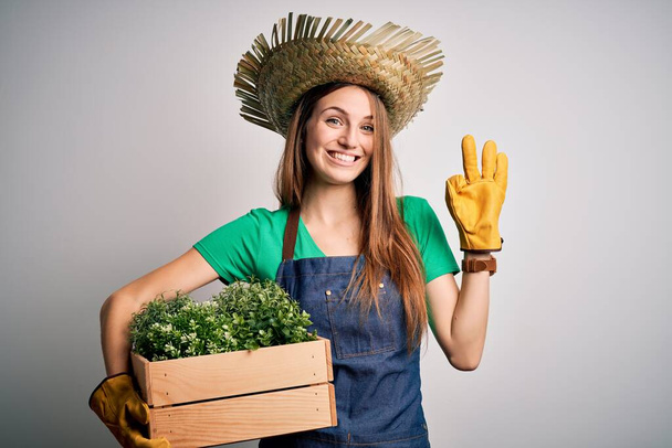 Νεαρή όμορφη κοκκινομάλλα αγρότισσα γυναίκα φορώντας ποδιά και καπέλο κρατώντας κουτί με τα φυτά κάνει ok υπογράψει με τα δάχτυλα, εξαιρετικό σύμβολο - Φωτογραφία, εικόνα