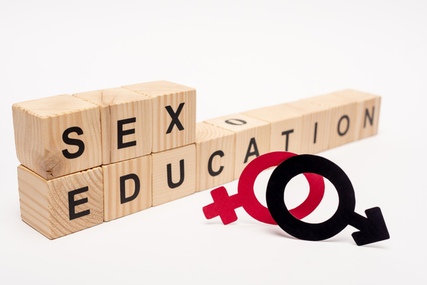 selective focus of wooden cubes with sex education lettering near gender symbols on white  - Photo, image