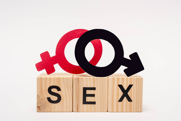 wooden cubes with sex lettering near gender symbols on white  - Foto, Bild