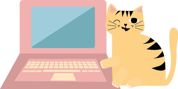 かわいい漫画ペット猫とラップトップベクトルイラスト。キーボードボタンをタップしようとしている生意気なウィンク生姜子猫。混乱した営業所のワークフローシーン。家のコンセプトから働くための楽しいモチーフ. - ベクター画像