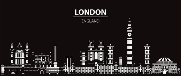 Vektör panoramik Londra ufuk çizgisi seyahat çizelgesi. Londra şehir simgeleri siyah arka planda beyaz renkli. Dünya çapında turizm ve seyahat kavramı. tock illüstrasyon - Vektör, Görsel