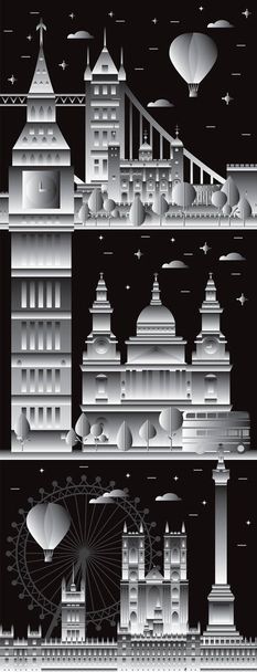 El horizonte londinense recorre la ilustración vertical con los principales hitos arquitectónicos. Monumentos de la ciudad de Londres, el turismo de gradiente blanco y negro y el vector de viaje background.Worldwide viajar concepto
. - Vector, Imagen