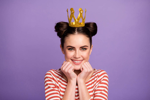 Closeup photo of beautiful lady students prom queen famous person arms on cheeks wear golden tiara white red casual striped shirt isolated pastel purple color background - 写真・画像