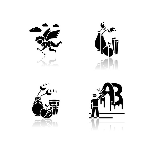 Art movements drop shadow black glyph icons set. Avant garde and classicism cultural periods. Street art. Futurism style still life painting. Isolated vector illustrations on white space - Vector, Image