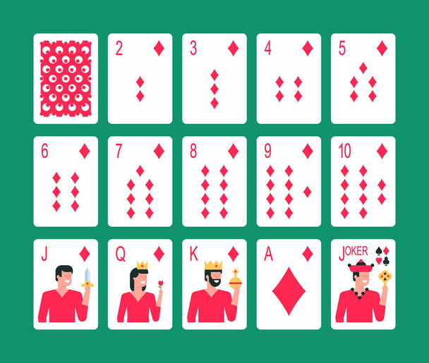 Spielkarten Diamantfarbe, Joker und zurück. Flacher Stil. isoliert auf grünem Hintergrund - Vektor, Bild