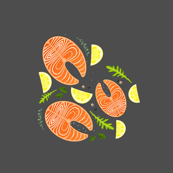 Filetes jugosos de salmón con rodajas de limón, rúcula y hierbas
 - Vector, imagen