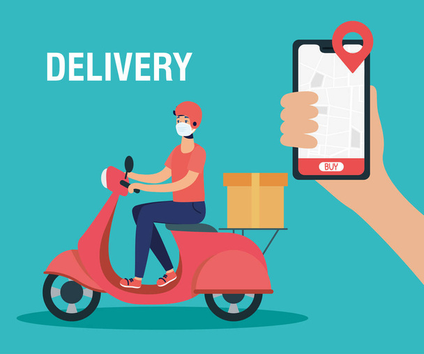 delivery worker using face mask in motorcycle with smartphone - Vector, Image