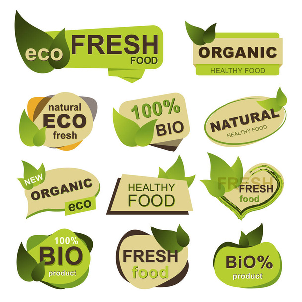 Organic food badges set. Natural eco fresh food, bio products and healthy nutrition isolated stickers. Ecological farming and food production badges with green leaves. Naturally grown vector signs - Vektor, Bild