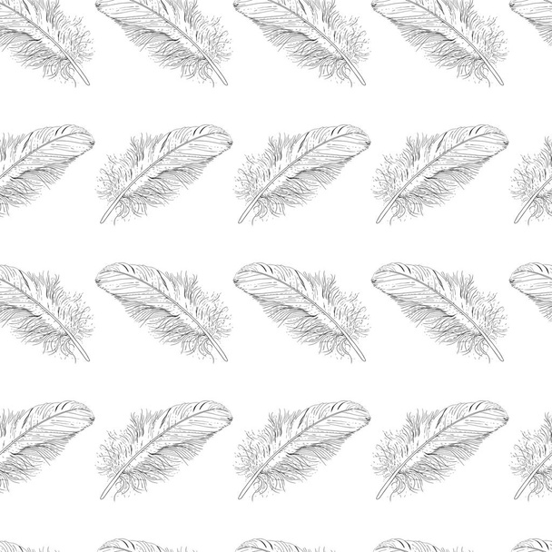 Bird feathers outlined on a white background. Monochrome sketch pattern. Individual objects drawn by a black line. Seamless vector pattern. - Vektori, kuva