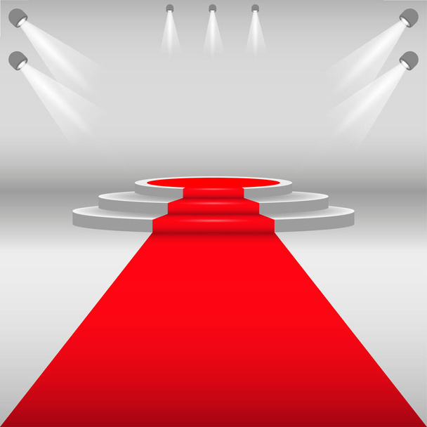 Roter Teppich und Podium. Weißer runder Sockel mit roter Spur. Podium mit Beleuchtung, Szenarium der Preisverleihung. Vektorillustration - Vektor, Bild
