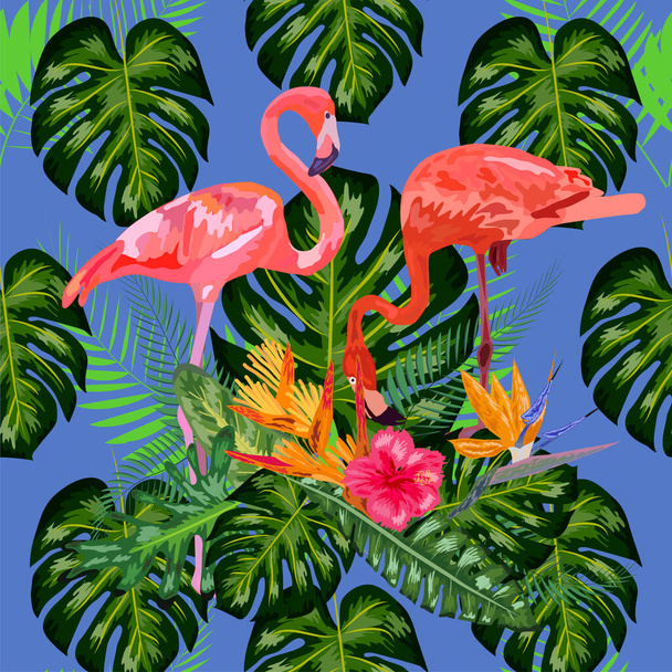 Vaaleanpunainen eksoottinen flamingo kahlaa linnut pari. Saumaton kuvio rakenne. vihreä trooppinen viidakko sademetsä palmun lehdet
. - Vektori, kuva