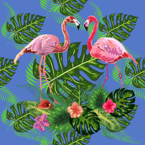 Pink exotic flamingo wading birds couple. Seamless pattern texture. green tropical jungle rainforest palm tree leaves. - Vector, Image
