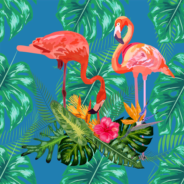 Trendy seamless pattern pink flamingo birds couple. Bright camelia flowers. Tropical monstera philodendron green leaves. - Vector, Image