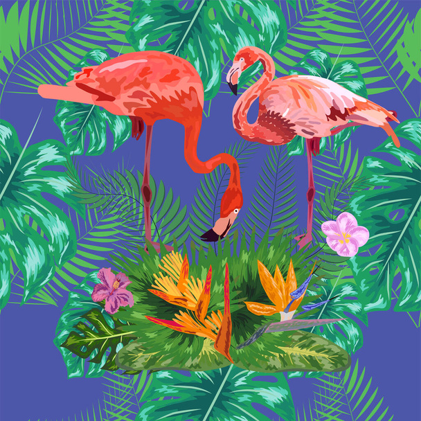 流行の鳥ピンクフラミンゴのシームレスなパターン。アートデザイン壁紙. - ベクター画像