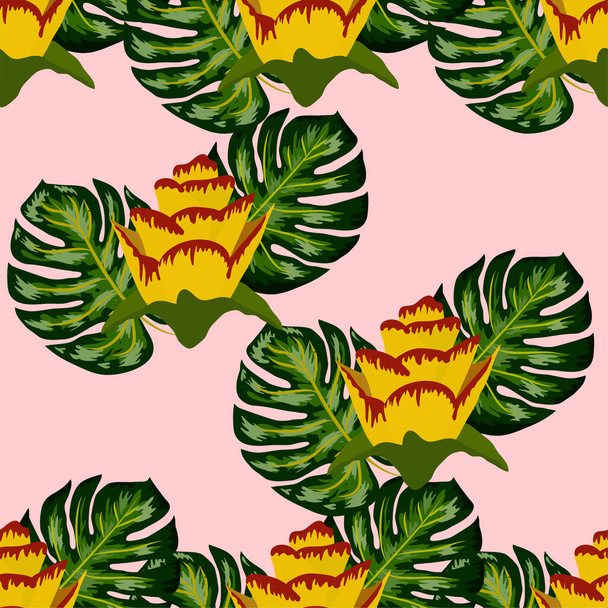 Summer seamless tropical pattern with bright yellow and pink plants and leaves. Seamless exotic pattern with tropical plants - Vector, Image
