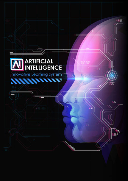 Artificial Intelligence and Big Data, Internet of Things Concept. Intelligence allegory AI. Human face. Machine learning and cyber mind domination. - Vector, Image