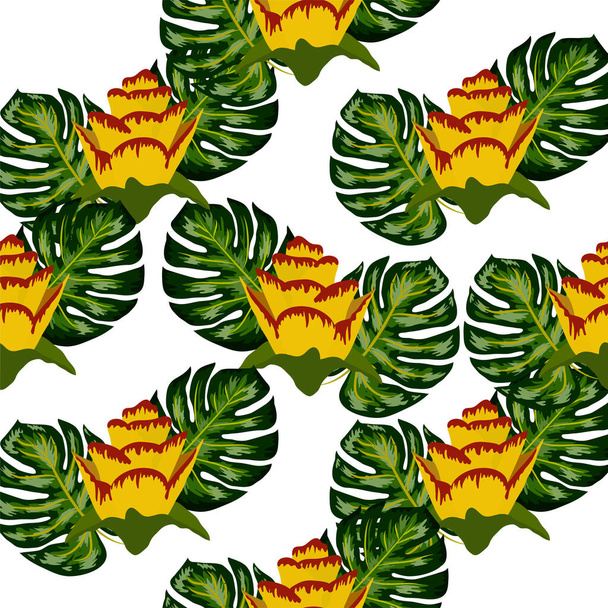 Modello tropicale senza cuciture estive con piante e foglie giallo brillante e rosa. Modello esotico senza soluzione di continuità con piante tropicali
 - Vettoriali, immagini