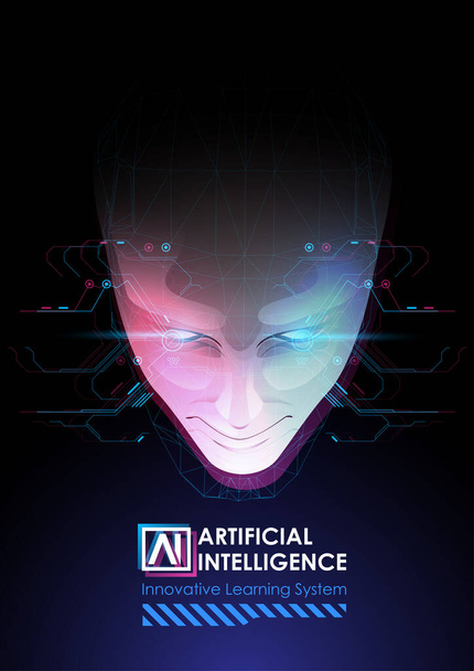 Robot of menselijke hoofdverbetering. Machine learning en cyber mind overheersing concept. AI met Digital Face leert het verwerken van big data, analyse-informatie. - Vector, afbeelding