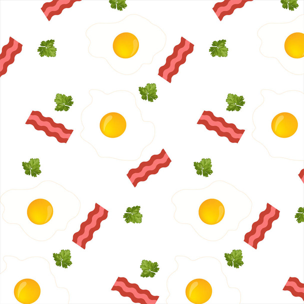フードベクトルパターン。心のこもった朝食のための成分:揚げ卵とおいしい焼きベーコンとジューシーなパセリ - ベクター画像