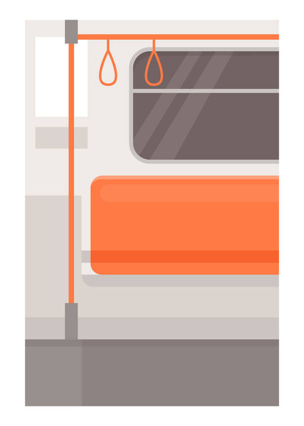 Metro empty interior semi flat vector illustration. Subway chair row with handrails. Public transport with nobody inside. Empty underground transport. Train 2D cartoon background for commercial use - Vector, imagen