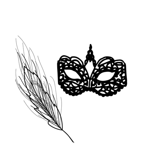 Чорна мереживна карнавальна маска з пером. Векторна ілюстрація, елемент декору. Логотип для жіночих аксесуарів
. - Вектор, зображення