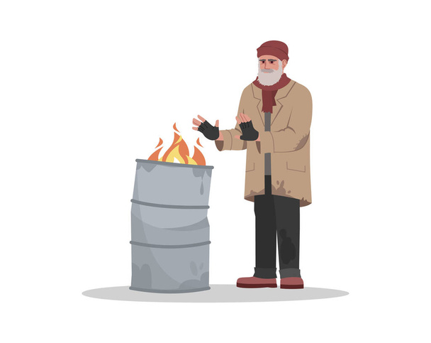 Homeless man near flaming bin semi flat RGB color vector illustration. Unemployed person in poverty near fire in metal barrel. Senior on street. Beggar isolated cartoon character on white background - Vektor, Bild