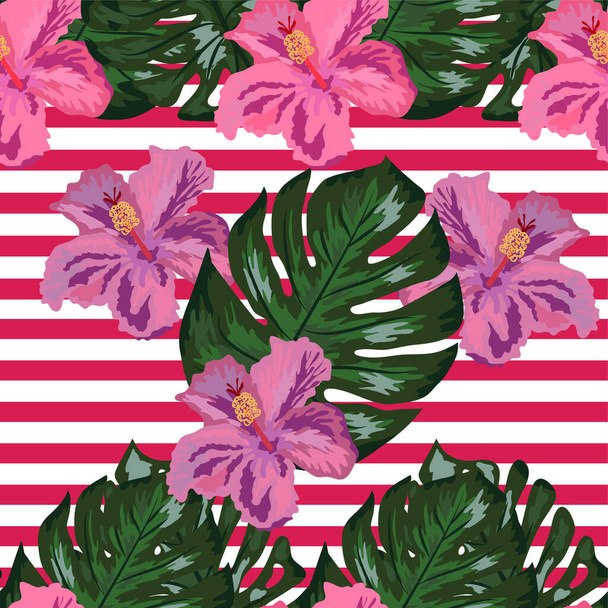 Seamless pattern with tropical orchid and hibiscus flowers, palm, banana and monstera leaves on striped background. - Vecteur, image