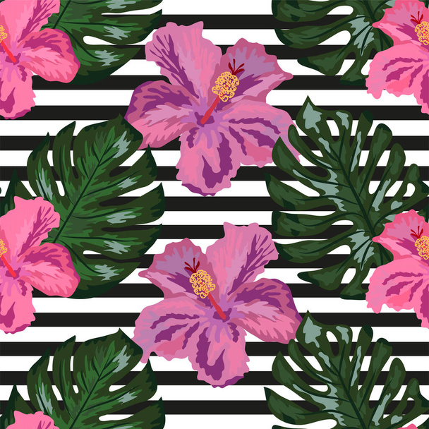Seamless pattern with tropical orchid and hibiscus flowers, palm, banana and monstera leaves on striped background. - Wektor, obraz