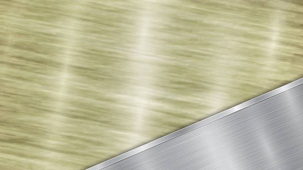 Hintergrund bestehend aus einer goldglänzenden metallischen Oberfläche und einem polierten Silberteller, der sich in der Ecke befindet, mit einer Metallstruktur, grellen Farben und einem polierten Rand - Vektor, Bild