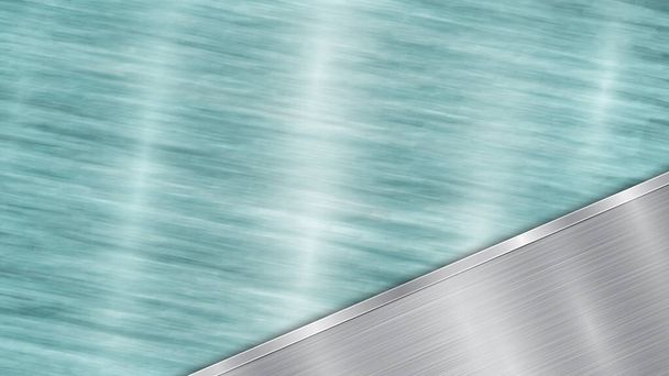 Achtergrond bestaande uit een lichtblauw glanzend metallic oppervlak en een gepolijst zilveren plaat gelegen in de hoek, met een metalen textuur, glans en gepolijste rand - Vector, afbeelding