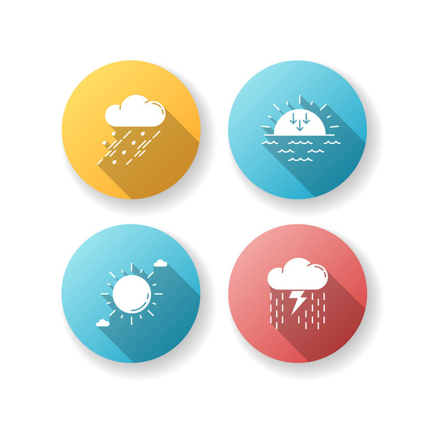 Daytime and nighttime forecast flat design long shadow glyph icons set. Weather prediction science, meteorology. Sky clarity and atmospheric precipitation. Silhouette RGB color illustration - Vektori, kuva
