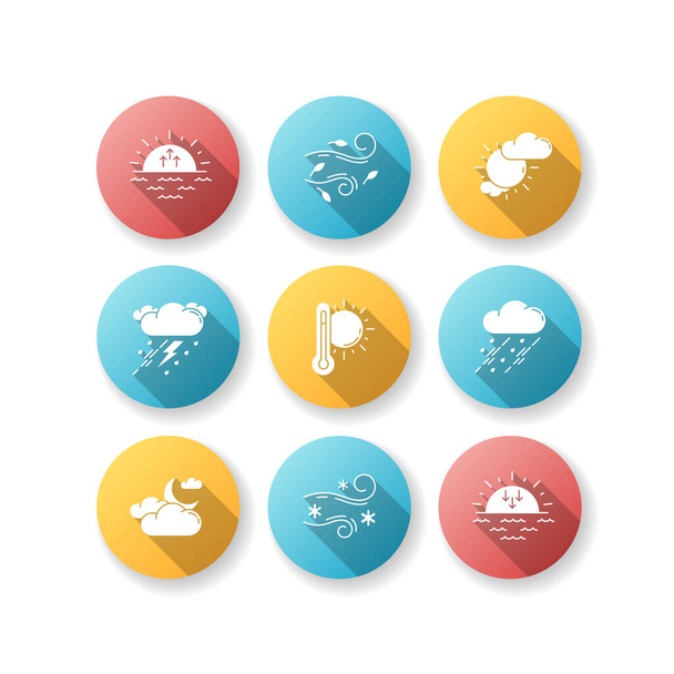 Weather forecast flat design long shadow glyph icons set. Sky condition and temperature prediction. Day and night atmospheric precipitation, wind speed. Silhouette RGB color illustration - Vektori, kuva