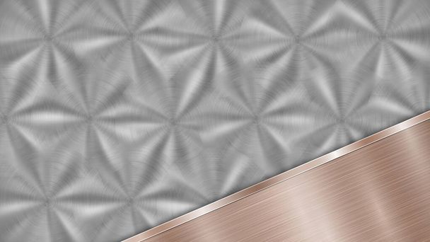 Achtergrond bestaande uit een zilverkleurig glanzend metallic oppervlak en een gepolijste bronzen plaat gelegen in een hoek, met een metalen textuur, glans en gepolijste rand - Vector, afbeelding
