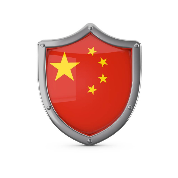Chińska koncepcja bezpieczeństwa. Metalowy kształt tarczy z flagą narodową - Zdjęcie, obraz