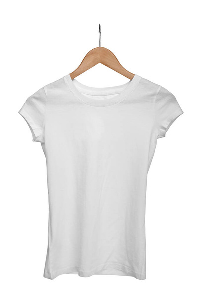 close up of a white t shirt and a cloth hanger on white background - Photo, Image