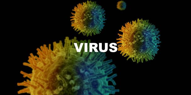 Brote de enfermedad viral. Células patógenas flotantes y palabra VIRUS sobre fondo negro, ilustración 3D
 - Foto, Imagen
