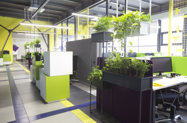 Avoin tila sisustus vihreitä kasveja ja paikkoja työntekijöille
 - Valokuva, kuva