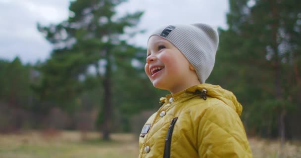Zwolniony ruch szczęśliwy chłopiec z bliska śmieje się i marzy patrząc na naturę parku i drzew. Dziecko, które zna otaczający go świat. Zadowolony i podziwiający dziecko w lesie. - Materiał filmowy, wideo