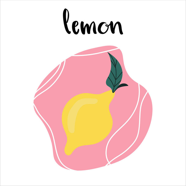 yellow lemon on a pink background with lettering lemon. flat vector illustration. an be used as a poster or print - Вектор, зображення