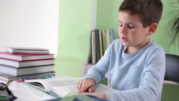 children learning, schoolboy at home school does his homework reads book - Footage, Video