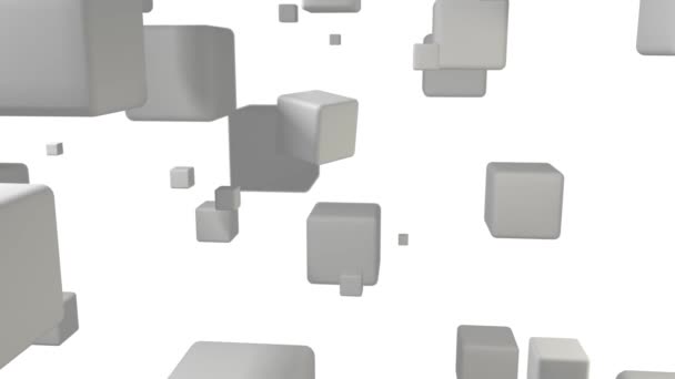 3D-Animation von vielen weißen Würfeln im Raum, die sich zufällig bewegen und ein Würfel verwandelt sich plötzlich in ein Virus. Die Idee einer digitalen Pandemie. - Filmmaterial, Video