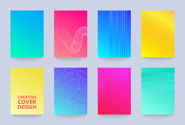 Vector halftone cover design templates set. Layout set for covers of books, albums, notebooks, reports, magazines. Dot halftone gradient effect, modern abstract design. Geometric mock-up texture. - Vector, Image