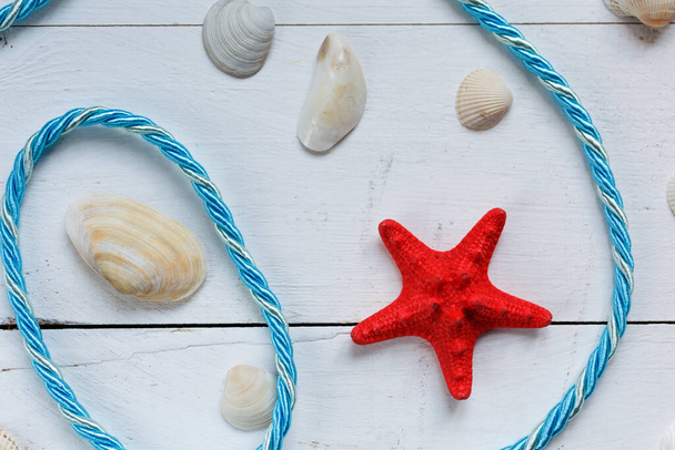 Sommer Hintergrund rote Seesterne und Muscheln auf blauem Holzhintergrund. Sommerurlaub im Hintergrund. Ansicht von oben. - Foto, Bild