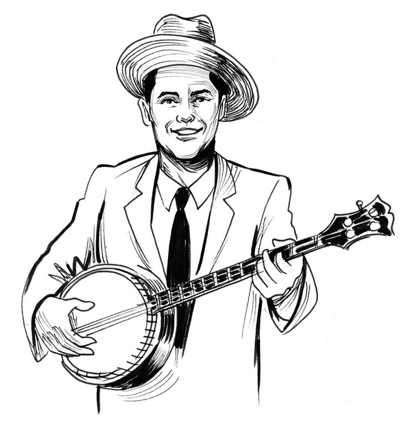 Musicien country jouant du banjo. Encre dessin noir et blanc
 - Photo, image