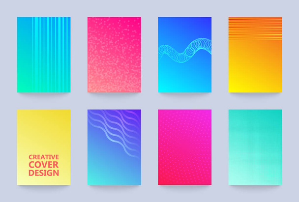 Vector halftone cover design templates set. Layout set for covers of books, albums, notebooks, reports, magazines. Dot halftone gradient effect, modern abstract design. Geometric mock-up texture. - Vector, Image