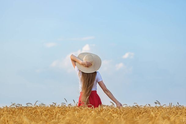 Mladá žena v klobouku stojí na pšeničném poli na modrém pozadí oblohy. Víkend venku. - Fotografie, Obrázek