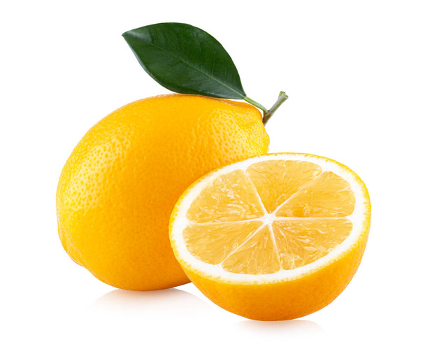 Ripe lemon with leaf and slice isolated on white background - Photo, Image