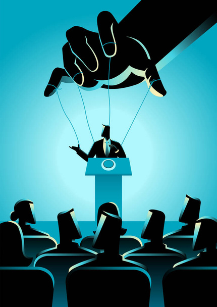 Vector illustration of a man on podium being controlled by puppet master. Corporation controls the politics concept - Vector, Image