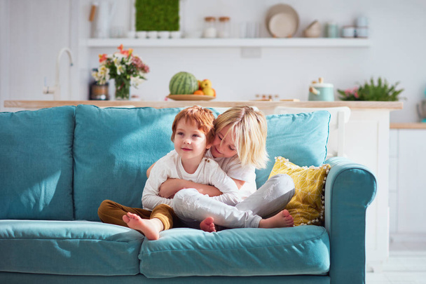 cute happy brothers sitting together on sofa at home. Kids relations - Foto, immagini